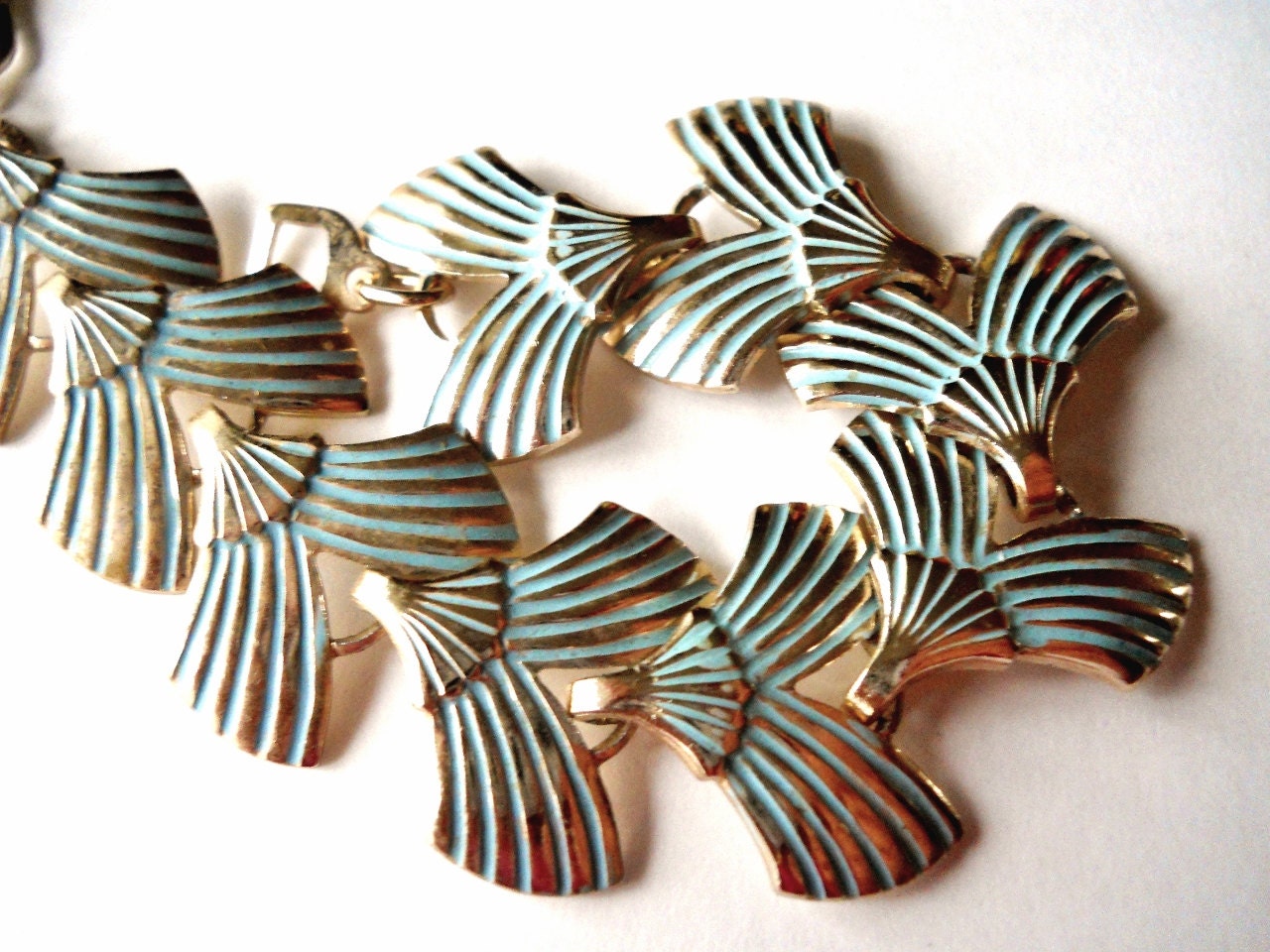 Vintage Bracelet Eloxal Art Deco W.German Light Blue Enamel Aluminum 1950's