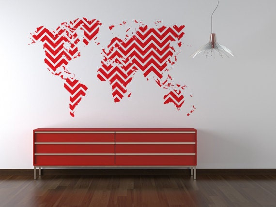 Large 7' World Map Chevron Pattern Travel Decal for Home, Dorm, Office, Living Room or Bedroom