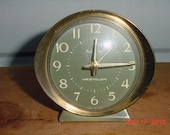 Retro CLOCK-A1 1960's VINTAGE Icon: Lt. Green & BRASS Exterior, Dark Green Face, Brass Hands, Oval "Baby Ben"
