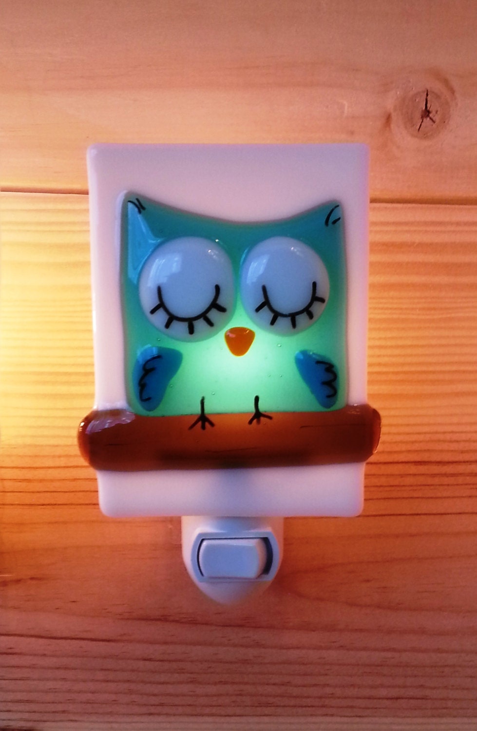 Nightlight owl, fused glass, turquoise, baby, room decoration, nursery, shower gift, kid room, children