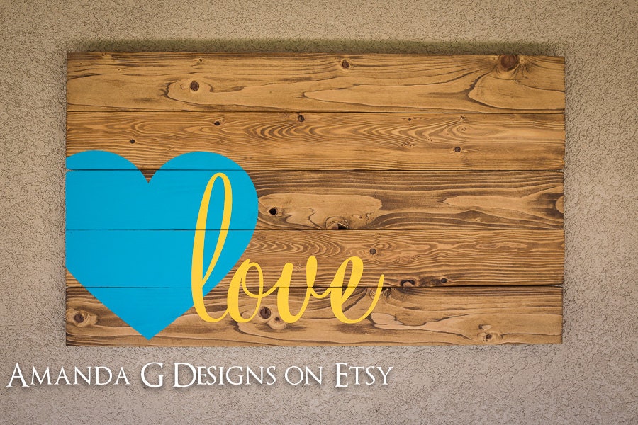 Love hand painted wood sign with wrap-around heart. Wedding guest book alternative