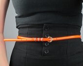 Patent Leather Waist Belt - PU - Copper Buckle - Day-Glo Orange Narrow - Women - Handmade
