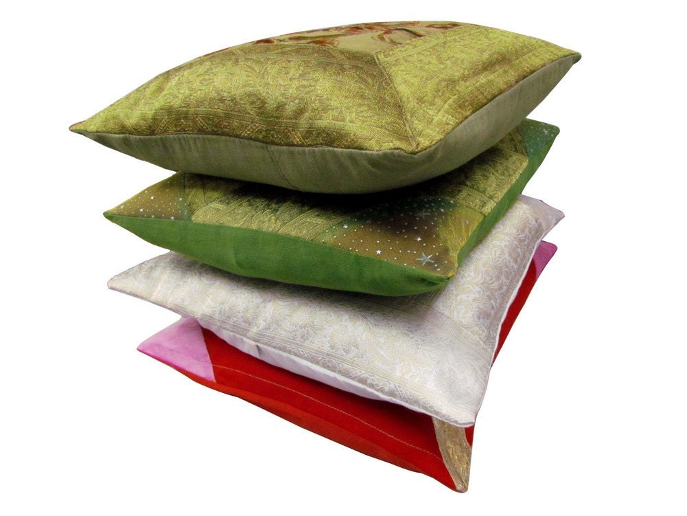 Indian Handmade Cushion Cover Set Satin Decorative Throw Multicolor Embroidered Pillow Cover 16x16 - PL2904