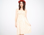 Vintage S Cream Liberty Floral Print Empire Waist Babydoll Hippie Midi Sun Dress