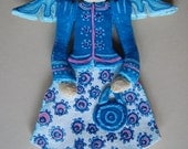 The sleepy angel (salt dough figurine wall hanging home decor decoration ornament folk art colourful colorful doll hand painted blue purse)