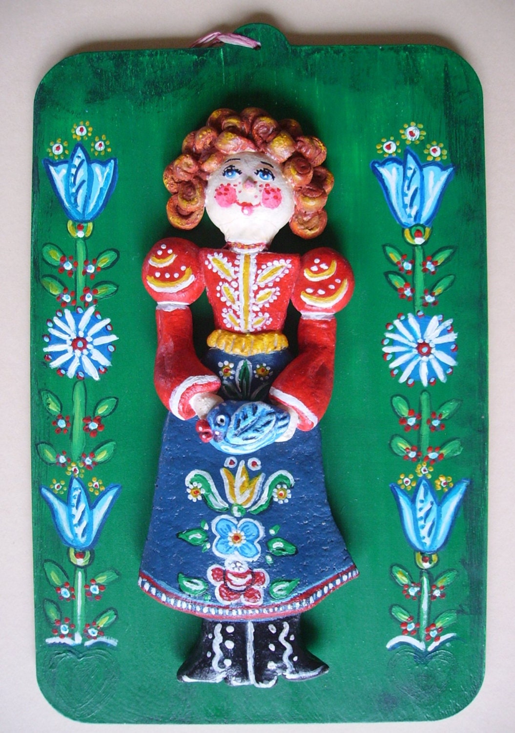The folk art doll (salt dough figurine wall hanging home decor decoration ornament colourful colorful hand painted flowers)