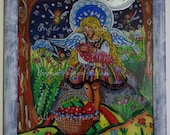 The angel and elves (acrylic glass painting, picture, folk art, moon, night, baby, child, boy, girl, nature, wood, tree sleep, colorful red)