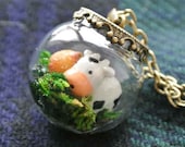 10% SALE Necklace Kawaii Terrarium Moo Cow and Grass Glass Bead Orb