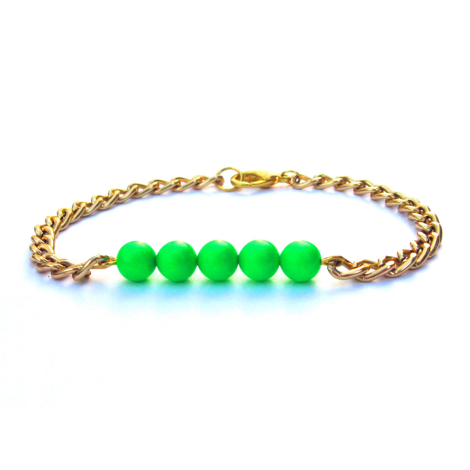 Spencer Arm Candy Neon Green Pearl Bracelet Swarovski Elements Crystal Pearl Delicate Bead Bracelet Petite Gold Chain Bracelet Arm Candy