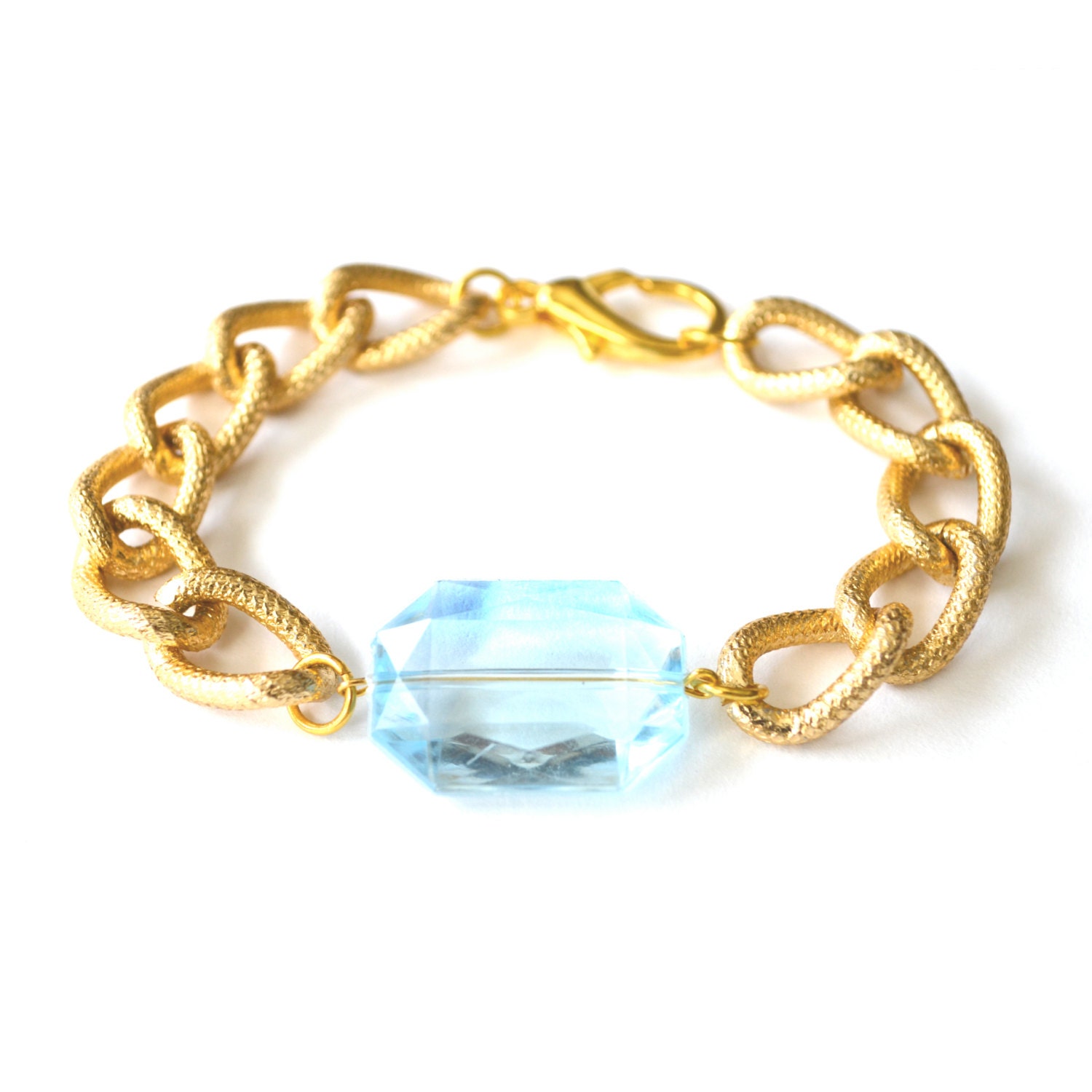 Larissa Arm Candy Translucent Blue Plastic Gem Bracelet - Chunky Textured Gold Curb Chain Bracelet - Jewel Arm Candy Chunky Chain Bracelet