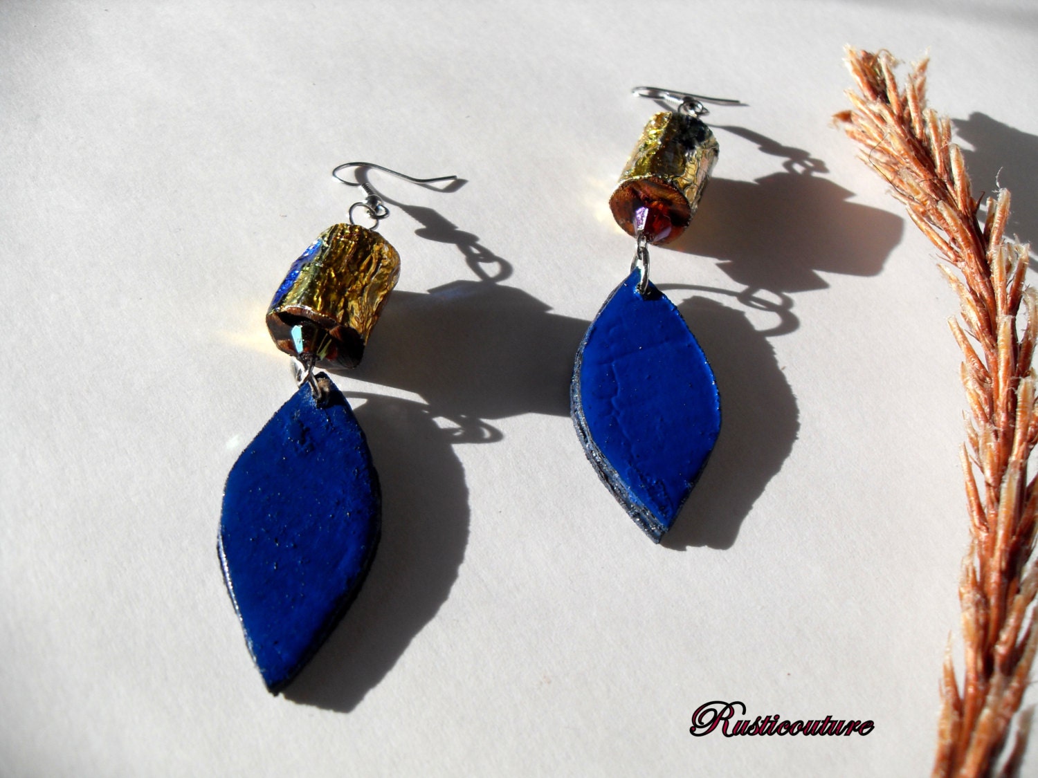 Handmade Vibrant Blue and Gold Dangle Earrings, Bold Metallic Sculptured Dangles Small lightweight earwear
