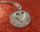 Custom Personalized Hand Stamped Necklace -  I Love you with Heart Charm