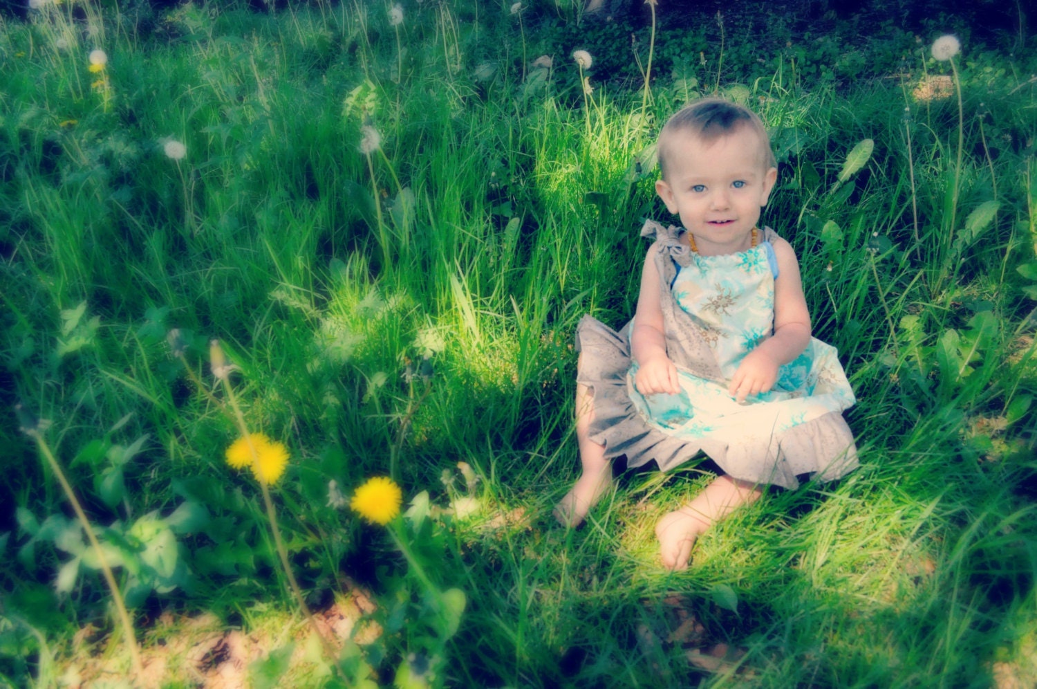 Blue , grey,earth tones whimsical floral print kids dress with cute bow & ruffles size 12m-2t