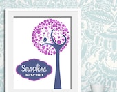 Custom nursery decor - Personalized name - Birth date art - Retro Tree Print - Modern wall art - Pink & Blueberry - Girls room