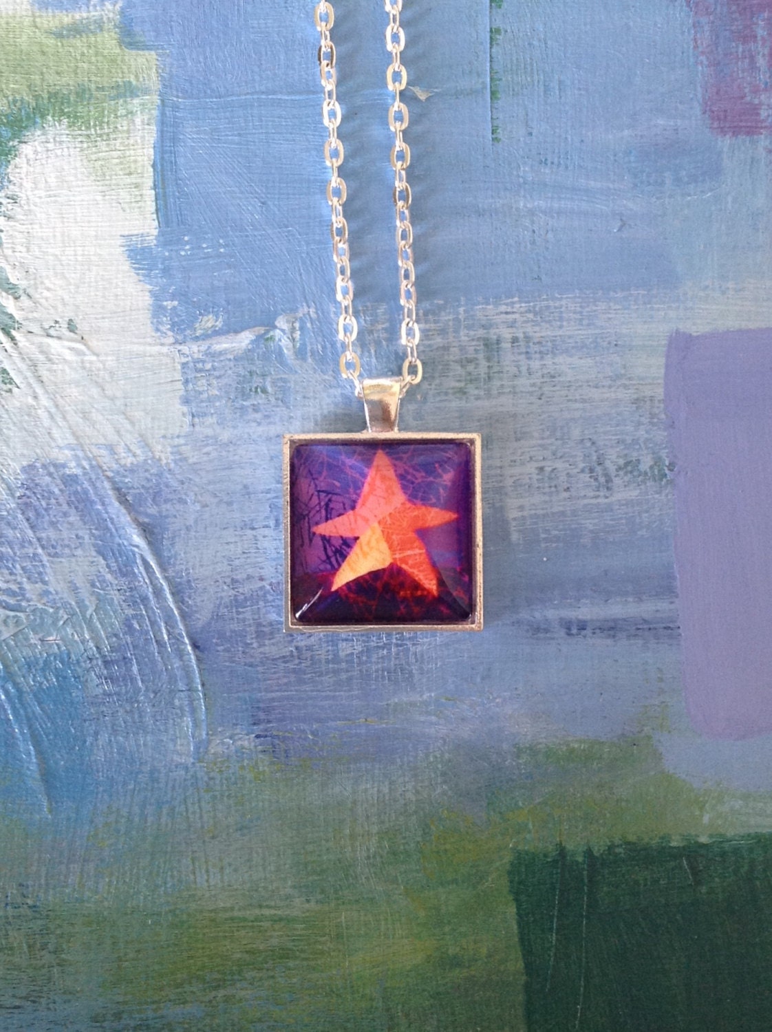 Orange Star Dark Plum Square Pendant