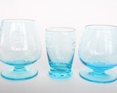 Shot Glasses Cordial Glasses Vintage Glassware Barware Turquoise Blue Glasses Etched Glasses Retro Home Decor Housewares