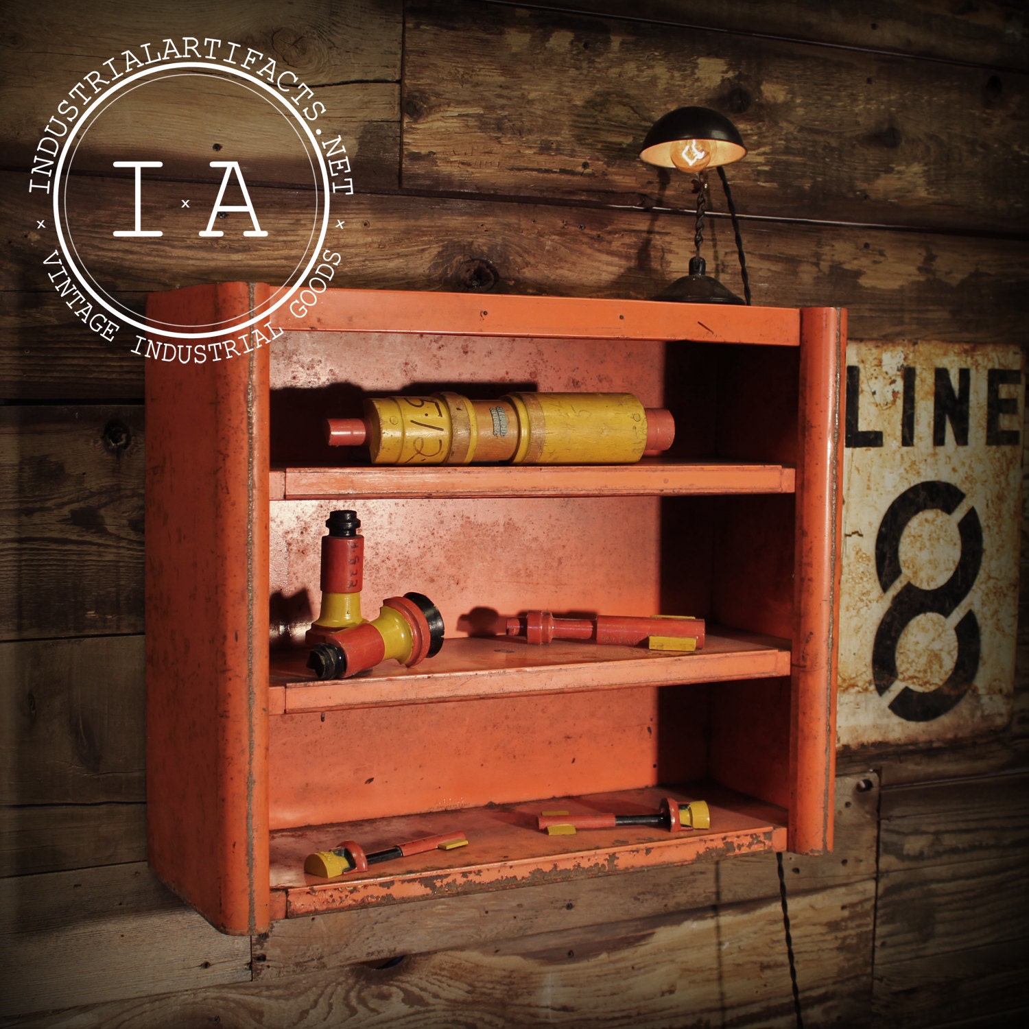Vintage Industrial Orange Steel Commercial Display Book Shelf Wall Mount Cabinet