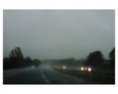 road rain car travel color photo print - whimsical fine art landscape photography, scotland, blue, trees, dark, lights - 10x8