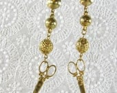 Vintage Seamstress Earrings, Gold Tone, Metal Beads, Thread Ball, Scissors, LONG Pierced Dangles, 1970s Novelty Sewing Jewelry