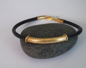 4mm Leather Cord Bracelet Bangle With .925 Sterling Silver Tube-14k Gold Plate
