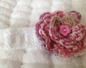 Hand Knitted Baby Headband with Crochet Flower in 0-3 months
