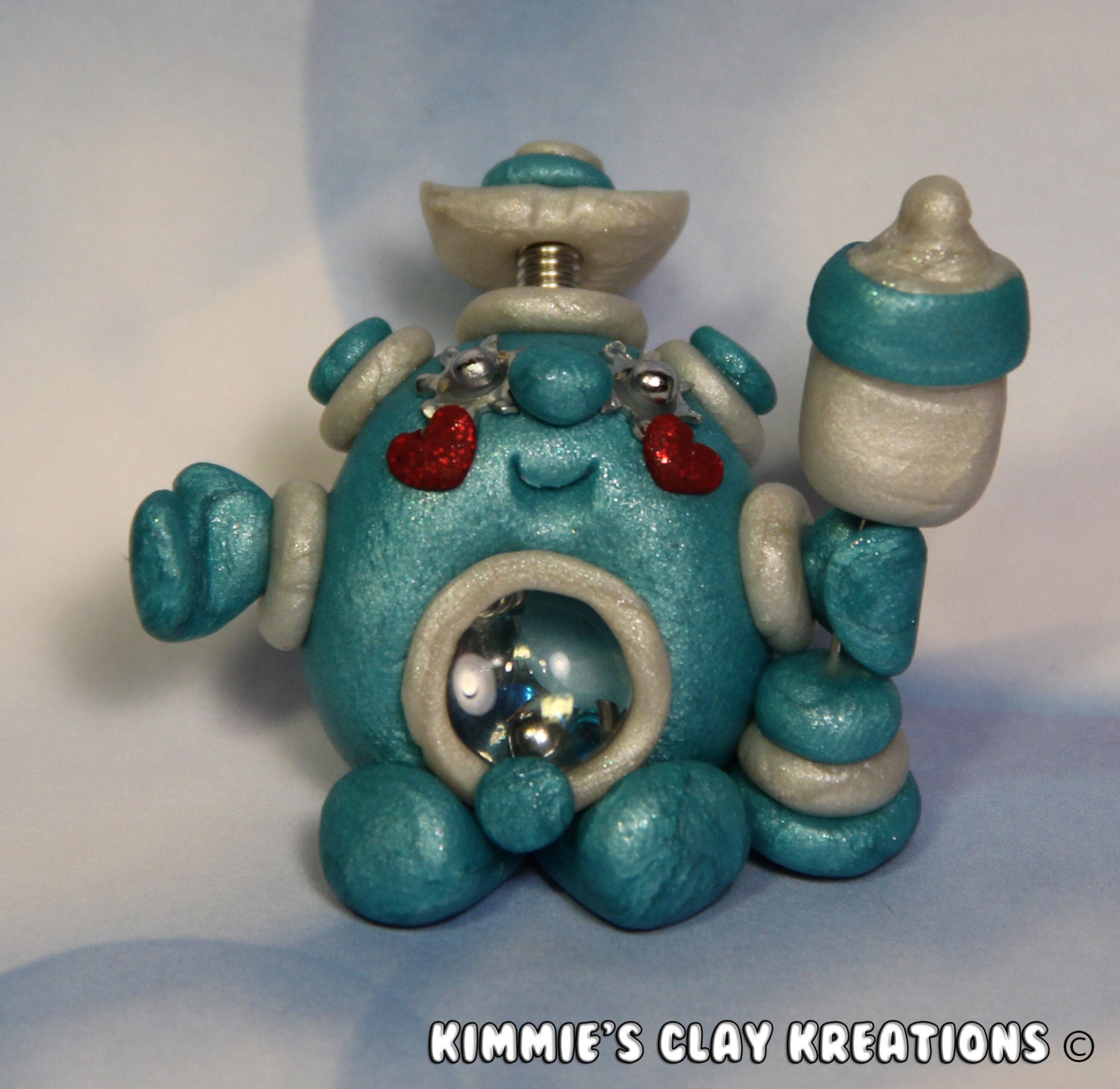 Polymer Clay Robot Baby Boy Cake Topper Figurine - Miniature Whimsical Character Sculpture - BubbleBellyBotBaby