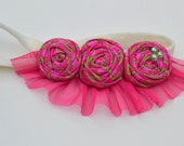rosette headband, girls headband , baby shower, little girl, picture props, pink, green, ivory, tulle, fun headband, birthday, gift