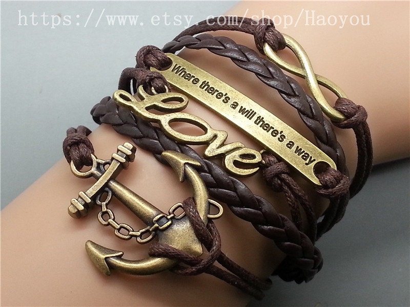 Anchor - Love  -Motto (Engraved Where There's a Will There's a Way) -Infinity wish Bracelet-Bronze Charm Bracelet  Cute Personalized Jewelry