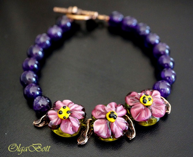 Amethyst bracelet with artisan lampwork beads "Purple flowers"
