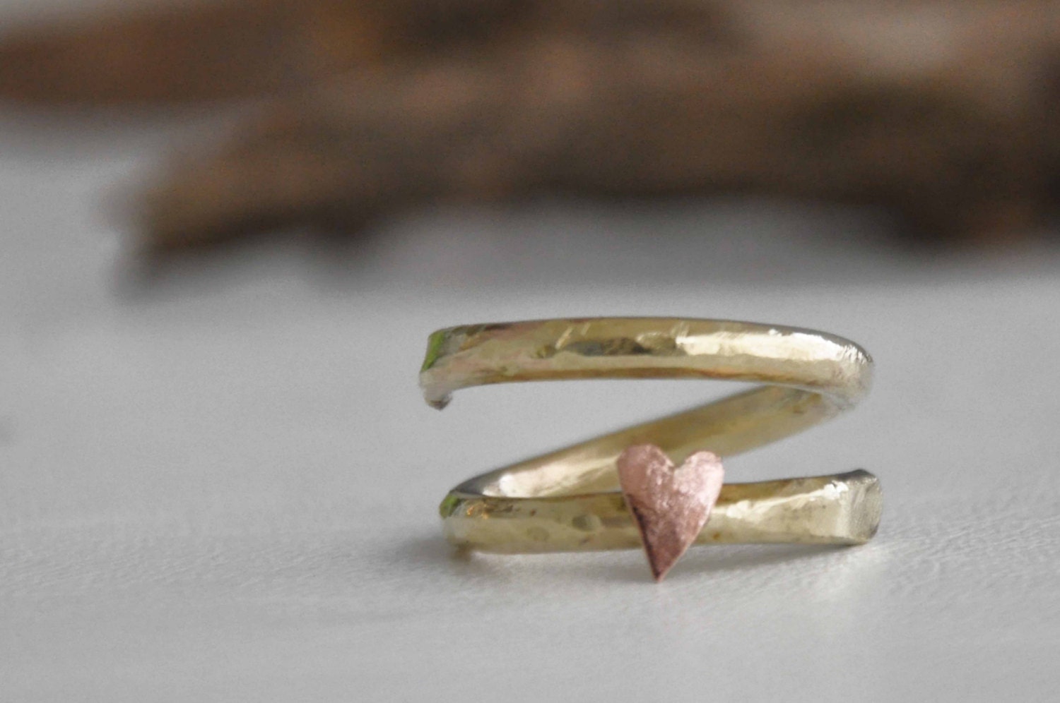 Brass spring ring. OOAK handmade brass ring and copper tiny heart. Made to order item.