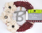 Teacher Chalkboard/ Class Gift adornment on rustic burlap modern style Interchangeable wreath with chevron monogram door or wall hanging