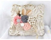 Wedding Ring Pillow  in Tan Peach and Pewter with Brooches Crystals Handmade Flowers1pc