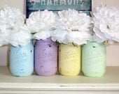 4- Hand Painted Pint Mason Jar Flower Vases-PastelsCollection Two-Country Decor-Cottage Chic-Shabby Chic-French Chic