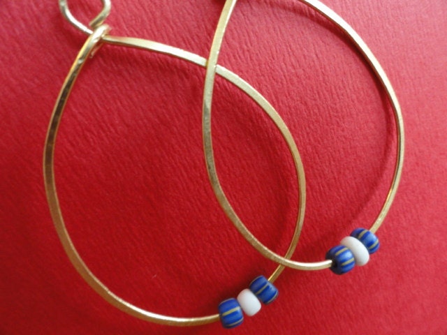 Medium gold plated handmade hoop earrings on extra long French hook with vintage white and blue beads