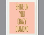 Shine On You Crazy Diamond -8x10 - Pink with Gold Glitter Text- Typography Art Print - Wall Art - Home Decor