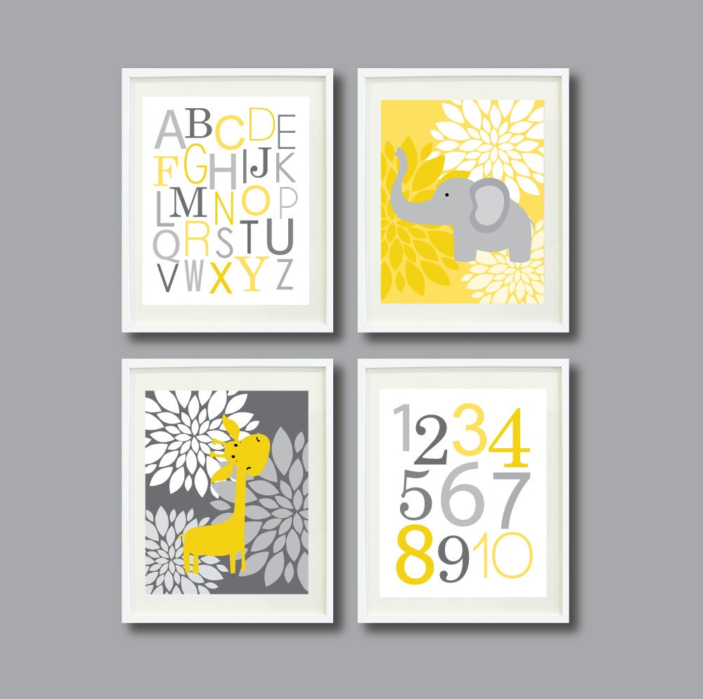 Modern Nursery Print Set of Four 8x10-Alphabet, Numbers, Giraffe, Elephant and Flowers-Mustard Yellow/Grey/Gray OR Choose your colors-4-Quad