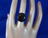 Upcycled Vintage 1960's Black Leather Button Ring - High Quality .999 Silver Plated Adjustable