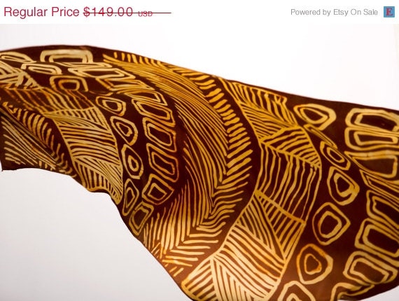 ON SALE Handmade scarf, Giant Woman shawl, Brown silk screen printed, Original pattern, Designer scarf by Dikla Levsky
