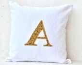 Decorative pillow-  Customized gold sequin monogram pillow - Sequin Throw pillows - white linen pillow cover - 18X18 gift pillow