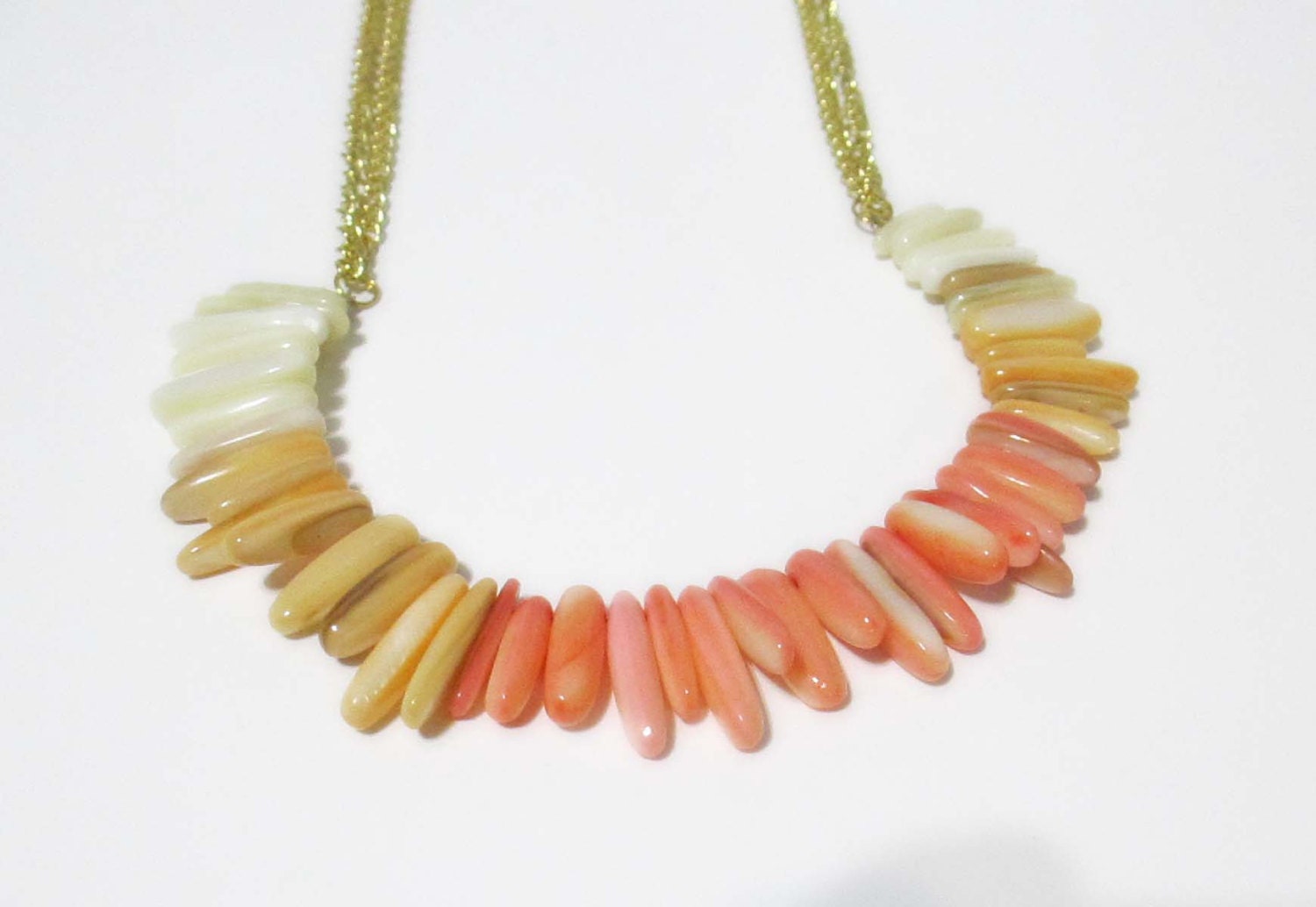 Ombre Coral Statement Bib Necklace made from Sunburst Shell Sticks and strung on a double gold tone chain