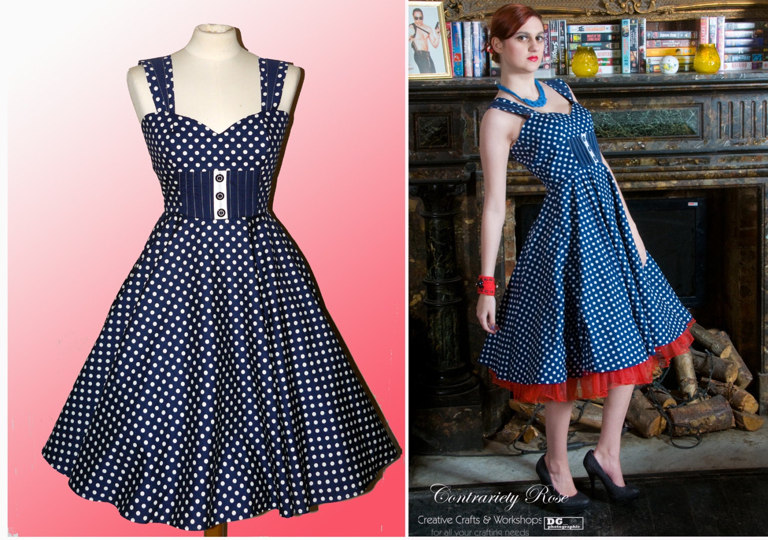 MADE TO ORDER, Navy & White Polka Dot, 50's inspired handmade dress, sweetheart neckine with pintuck detail, available sizes 8-20