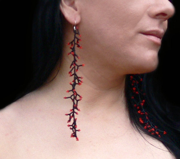 Extra  Long  Earrings. Long Black and Red Earrings. Shoulder Dusters. Beadwork. Handmade Jewelry