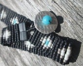 Bead bracelet /  Black Silver Blue /  Handmade / Fine Silver / Button / Diamond Pattern / Matte Black  / Seed Beads / Tila Beads / UFO