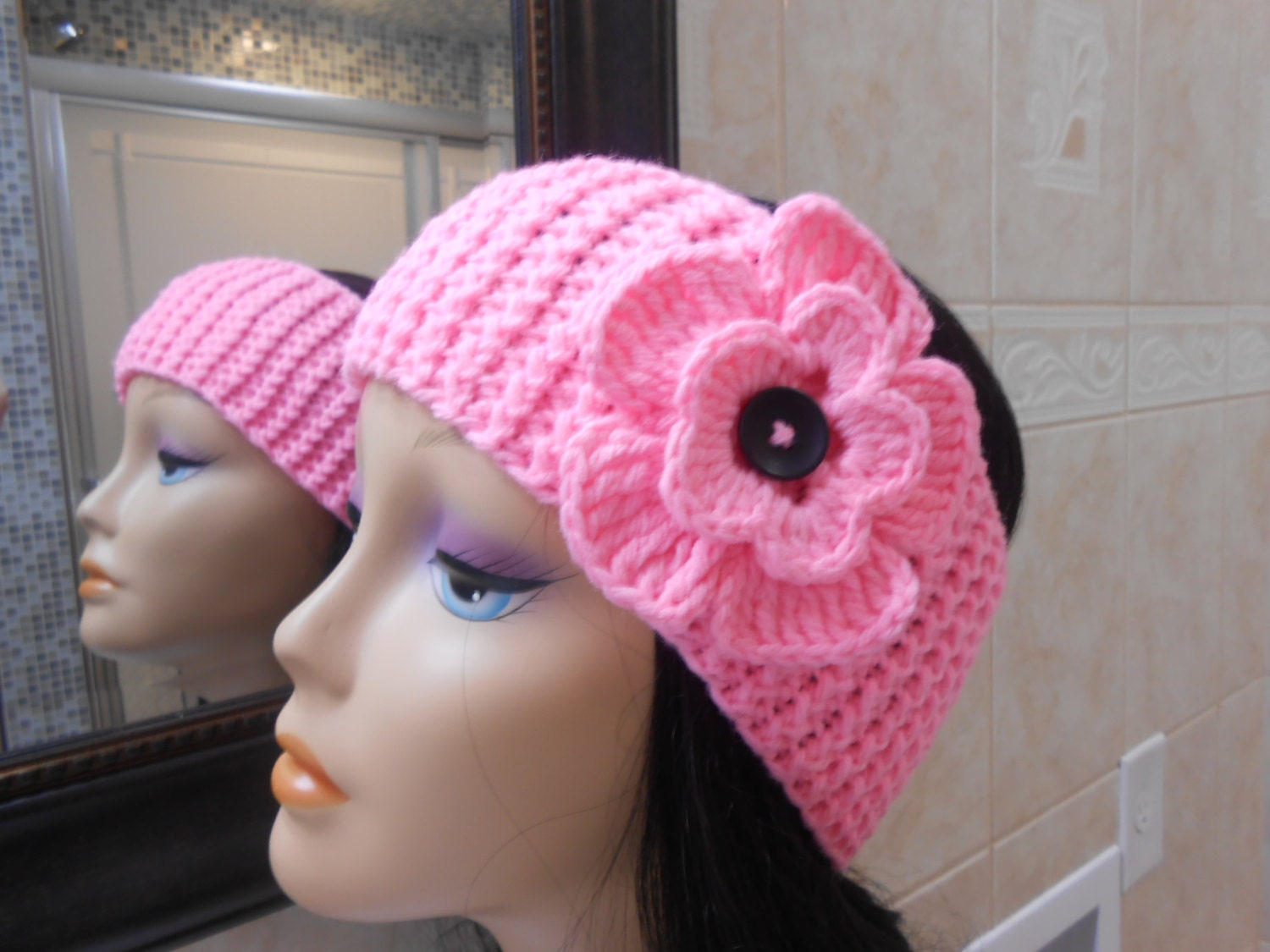 pink Knit Headband, Ear Warmer with Crochet Flower and Button