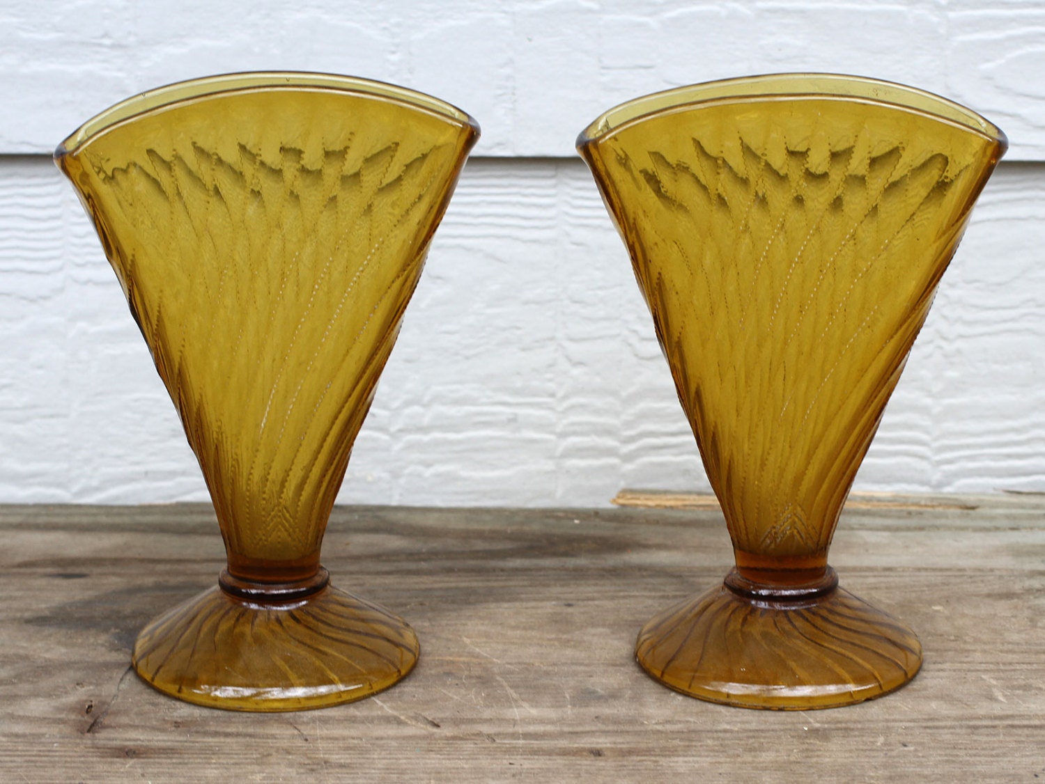 pair of Amber Depression Glass Fan Vases ribbed pattern beautiful