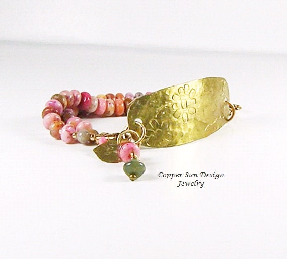 Dainty Beaded bracelet, Hand Stamped Oblong Brass, Deco Flower Vine, Double Strand, Multi Colors, Pastels, Heishe stones, Charm Bracelet
