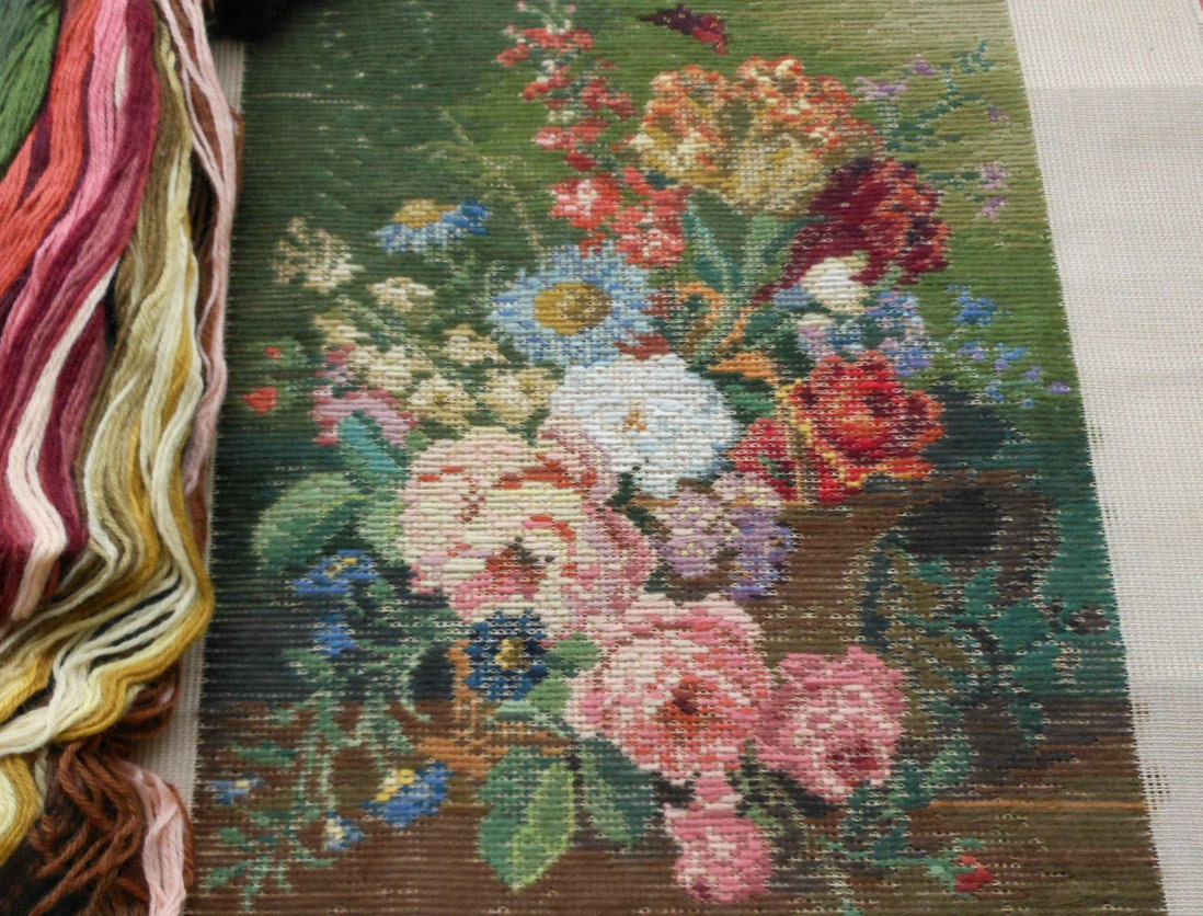 Victorian Flower Vase Rose and Daisy Wall Hanging Tramme Preworked Needlepoint Canvas Kit with wool yarn