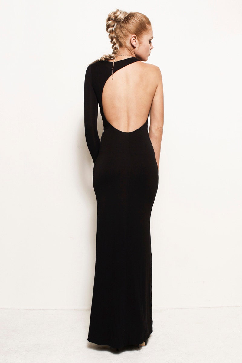LEIGHTON - BLACK - Asymmetrical One Sleeve Open Back Jersey Gown Sustainable & Eco-friendly