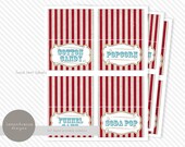 Carnival Food Labels - circus, red and white stripes, teal, black and white, labels, come one come all - you print Il_170x135