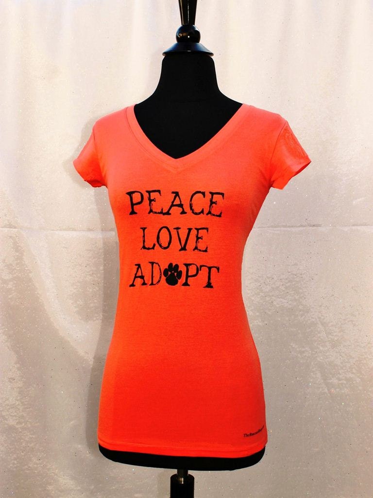 Peace Love Adopt - Ladies Tshirt in Orange - supports animal rescue